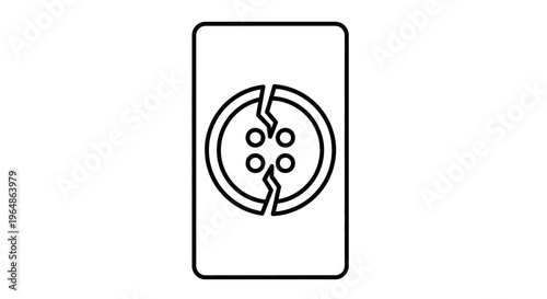 Minimalist graphic icon of a broken clothing button within a rectangular frame symbolizing damage
