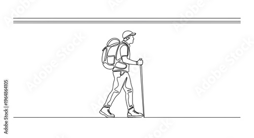 Minimalist single line art depicting a hiker equipped for outdoor adventure and journey