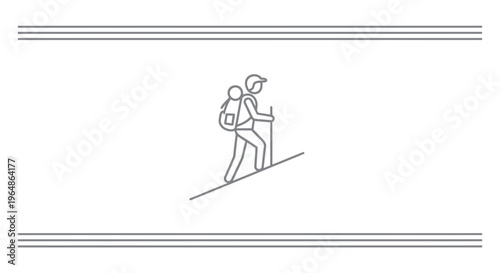 Line art icon depicting an adventurous individual ascending a challenging incline with trekking gear