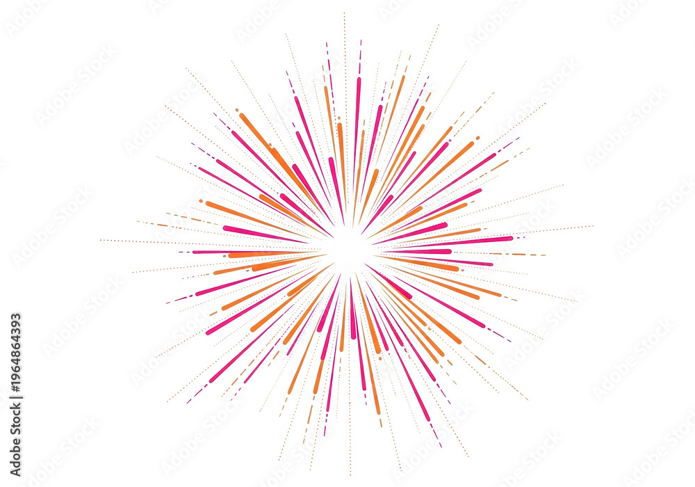Obraz premium A vibrant stylized pink and orange starburst graphic with radiating lines and dotted trails, emanating from a central white void on a clean background with copy space. Concept of joyful dynamism and