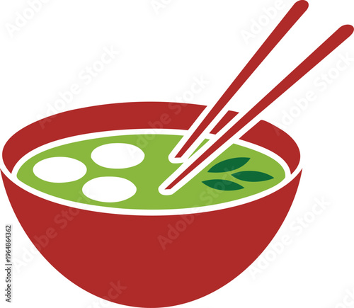 A red bowl of green tea with mochi and leaves  Asian dessert soup