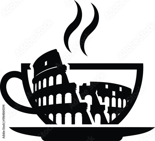 Black silhouette of a teacup with Colosseum and steam  Rome Italy iconic landmark in cup