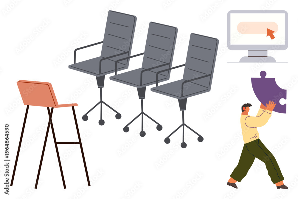Fototapeta premium Collaboration, teamwork, office organization, problem-solving, digital interaction, innovation. Three rolling chairs, a stool a screen and a puzzle piece. Teamwork and collaboration concepts