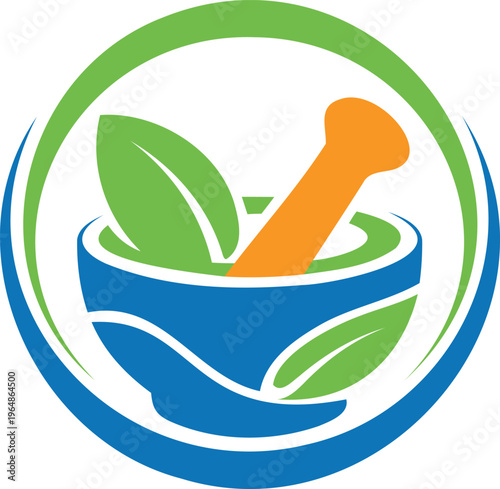 Herbal medicine mortar and pestle with green leaves logo design  natural health symbol