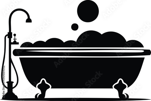 Silhouette of a clawfoot bathtub with shower head and bubbles rising  bathroom fixture