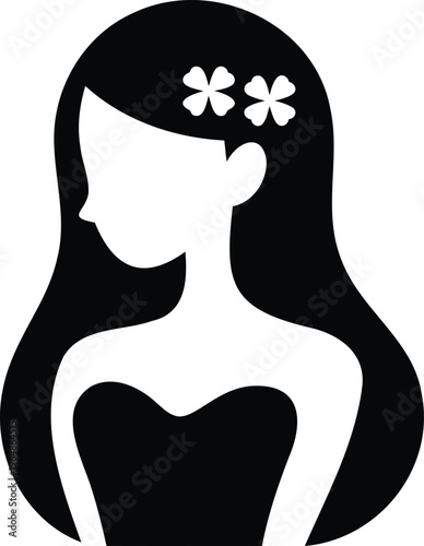 Silhouette of a woman with long hair and flowers in her hair from the side  simple illustration