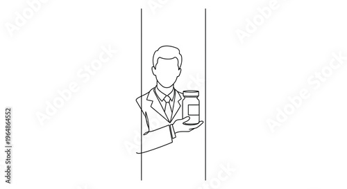 Elegant single line illustration of a man showcasing a medical or supplement container