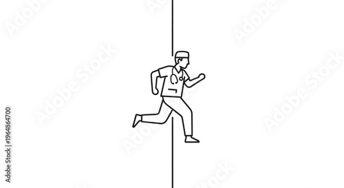 Dynamic minimal line art illustration of a male medical professional urgently running forward