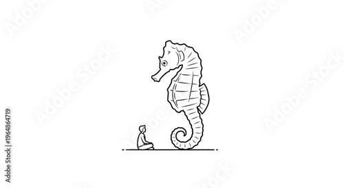 A tiny person observes a magnificent giant seahorse, sparking wonder and imaginative contemplation