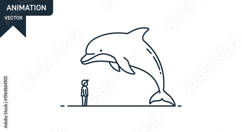 Striking minimalist line art of a dynamic dolphin gracefully leaping over a lone human figure