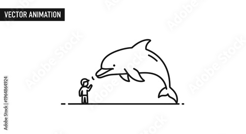 Minimalist vector illustration of a person interacting with a leaping dolphin line art drawing
