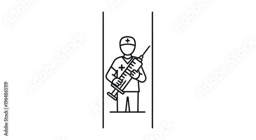 Clean graphic representation of a medical expert with an oversized injection device, ready for