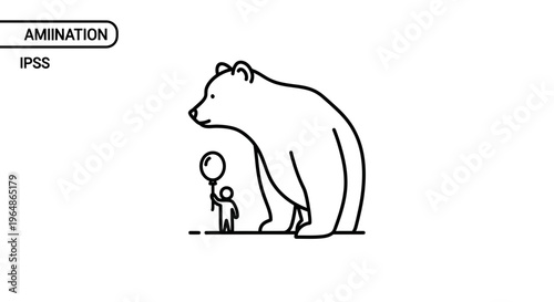 Minimalist line art illustration depicting a majestic bear and a tiny person with a floating balloon
