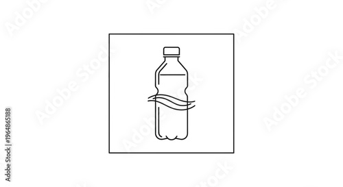 Minimalist line art icon of a modern plastic water bottle with wavy fluid lines symbolizing