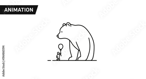 Minimalist black and white animation graphic featuring a curious bear and a small figure with a