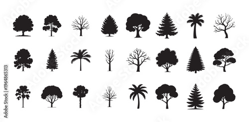 Set of black trees silhouettes. Tree vector collection, for forest and park landscape designs