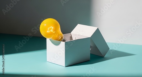 Yellow light bulb sits inside an open white cardboard box on a teal studio surface representing innovation creative thinking and unique insight