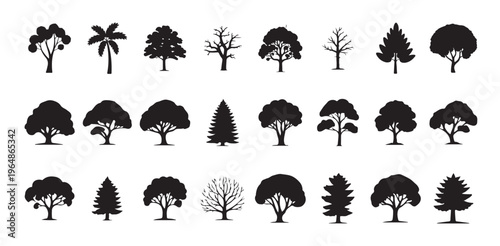Set of black trees silhouettes. Tree vector collection, for forest and park landscape designs