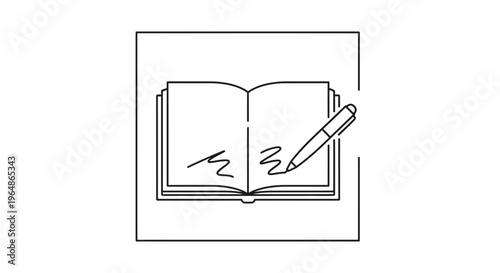 Minimalist line art illustration featuring an open book and a pen actively writing on its pages.