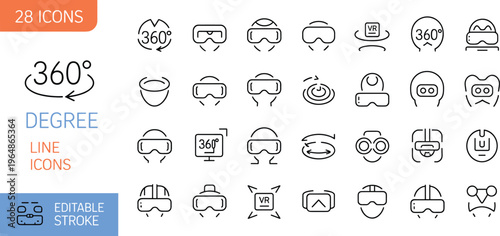 360 degree VR line icons set, virtual reality headset vector collection, editable stroke immersive technology symbols, modern outline illustration pack