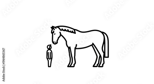 Illustrative comparison of a tiny human figure standing beside a majestic large horse on a clean