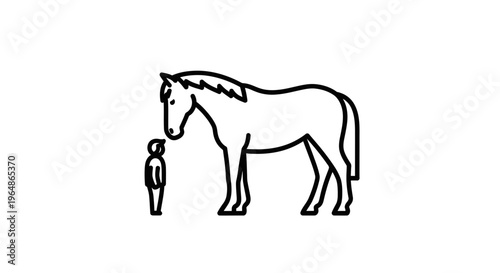 Minimalist black outline illustration depicting a human figure beside a large equine creature