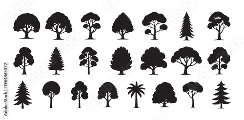 Minimalist tree silhouettes showing various species like palm and pine in uniform black style