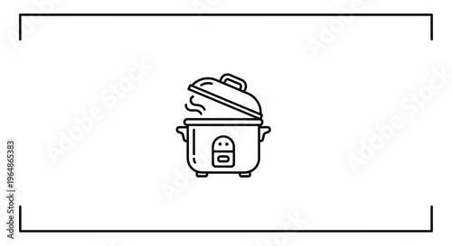 Minimalist line art icon of a steaming rice cooker with a partially open lid, modern kitchen