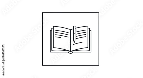 Minimalist outline icon depicting an open book with a pen for writing, learning, or planning tasks