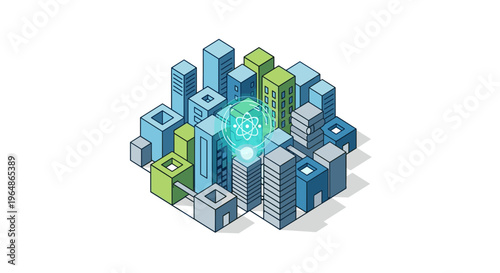 Isometric Cityscape with Central Hub and Buildings.