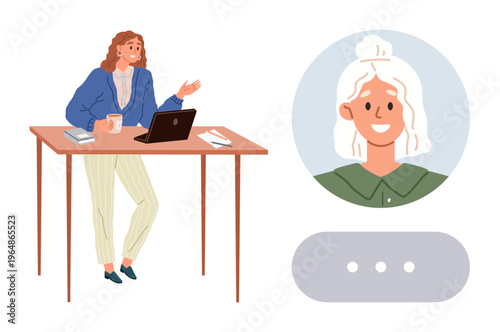 Remote work, video communication, technology interaction, online meetings, digital avatars, coworking. Young woman at desk with laptop and avatar illustration. Remote work and video communication