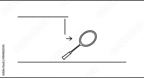 Minimalist black and white line art illustration of a badminton racket with movement lines for sport