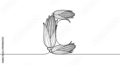 Creative 'C' letter design crafted from continuous line art of three corn cobs on a pristine white