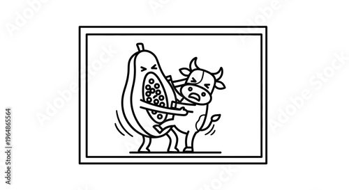 Whimsical monochrome illustration capturing a playful tussle between an expressive papaya and a