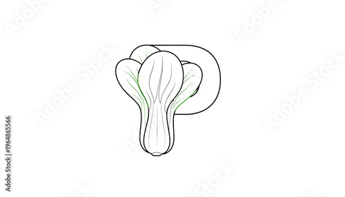 Modern line art of bok choy forming a subtle letter P for culinary and typographic themes