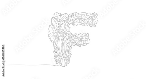 Stylized F letter formed by continuous single line drawing of fresh lettuce leaves on a pure white