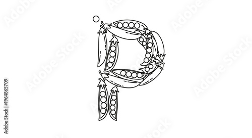 Creative outline illustration of the letter P formed meticulously from fresh pea pods