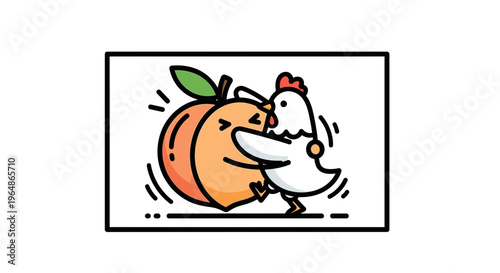 Whimsical cartoon chicken joyfully embracing a plump peach illustration on a bright background