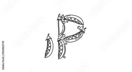 Monochromatic line art illustration of green pea pods intricately arranged to form the uppercase