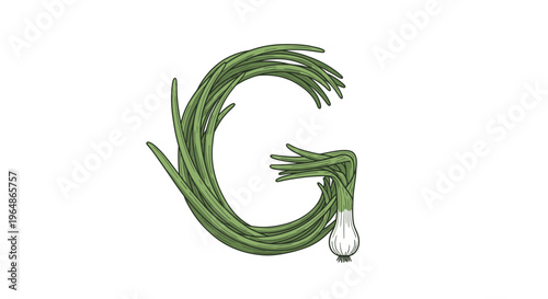 Vibrant 'G' Letterform Crafted from Fresh Green Scallion Stalks and Bulb Illustration Minimalist