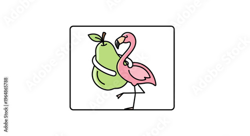 Whimsical pink flamingo embracing a juicy green pear creating a delightful fruit and bird