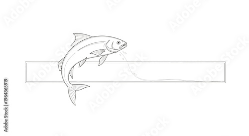 Dynamic line art illustration of a jumping fish with water splash above a blank horizontal frame