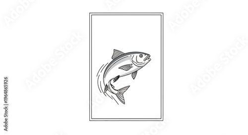 Dynamic black and white line art illustration of a powerful fish leaping gracefully within a