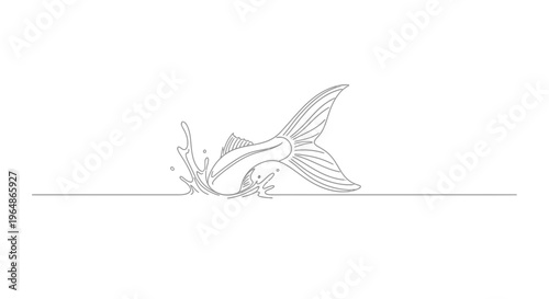 Dynamic continuous line art capturing a fish tail breaking the water surface with a lively splash,