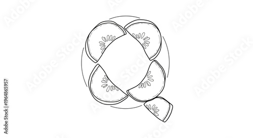 Artistic monochrome illustration of the letter Q formed by fresh fruit slices, capturing natural
