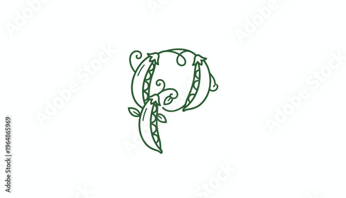 Elegant minimalist line art illustration of the letter P crafted from organic pea pods and tendrils