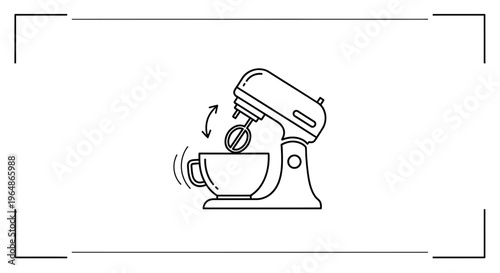 Clean line art illustration of a modern stand mixer actively blending ingredients in a bowl