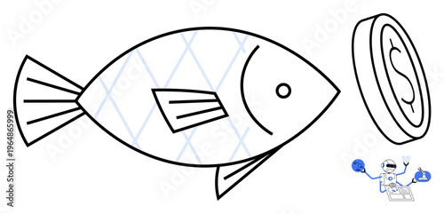 Cryptocurrency, digital currency, fintech icons, online economy, investment, blockchain. Fish outline with a dollar coin and digital robot elements. Cryptocurrency and fintech icons concept