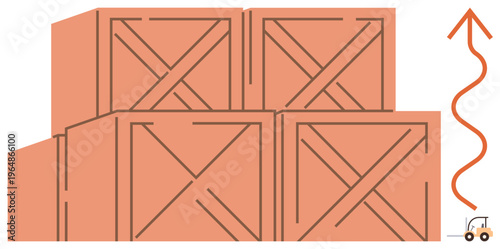 Supply chain, logistics, business growth, warehouse management, distribution, packaging. Stacked wooden crates with an upward arrow and a forklift icon. Supply chain and logistics concept
