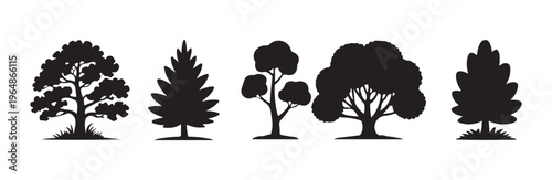 Five various black silhouette vector graphics showcasing different styles of mature and young trees